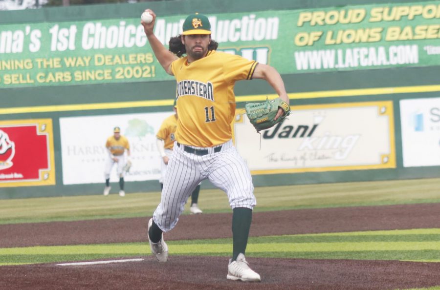 Kade Granier, a redshirt senior pitcher, winds up a pitch. The Lions baseball team secured three wins over the weekend against the Abilene Christian University Wildcats, extending the win streak to five games. 