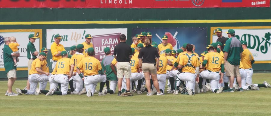 The Lions baseball team discusses Sunday’s 8-3 victory over Abilene Christian University after the game. On Sunday, 1,236 fans attended the game in the Pat Kenelly Diamond at Alumni Field. Baseball has seen a steady increase in attendance and leads the Southland Conference in fan attendance since Matt Riser took over as head coach. 