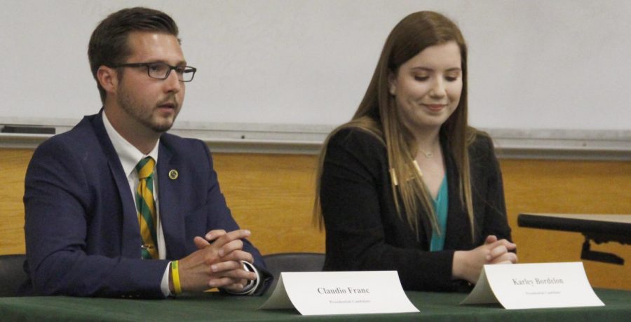 Claudio Franc and Karley Bordelon participate in the debate for students to get to know them better. Both are running for the president of the Student Government Association. 