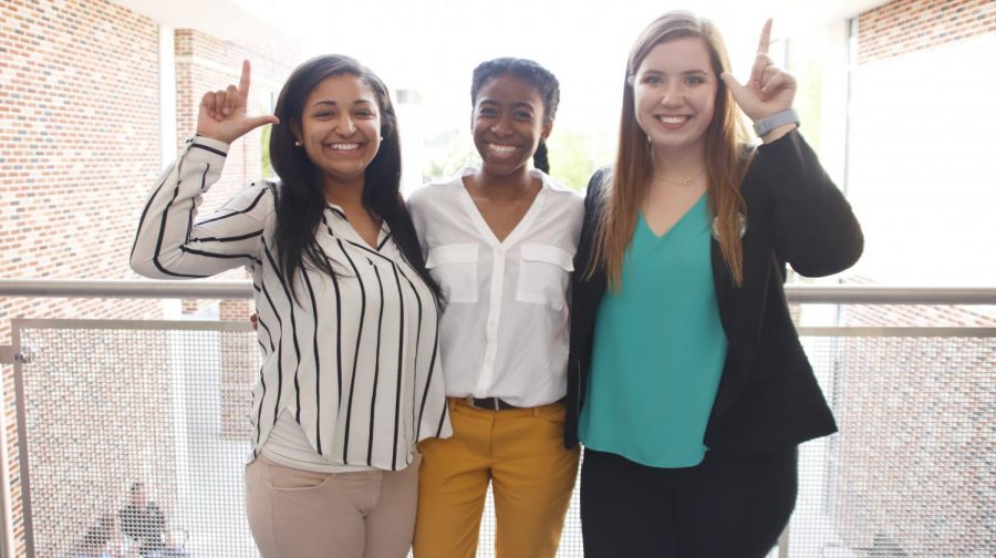 Leah Cross, 2019-20 chief justice of the Student Government Association, L’Oreal Williams, 2019-20 vice president of SGA, and Karley Bordelon, 2019-20 president of SGA, pose after the election results. Over 1,000 votes were cast in this election cycle. 