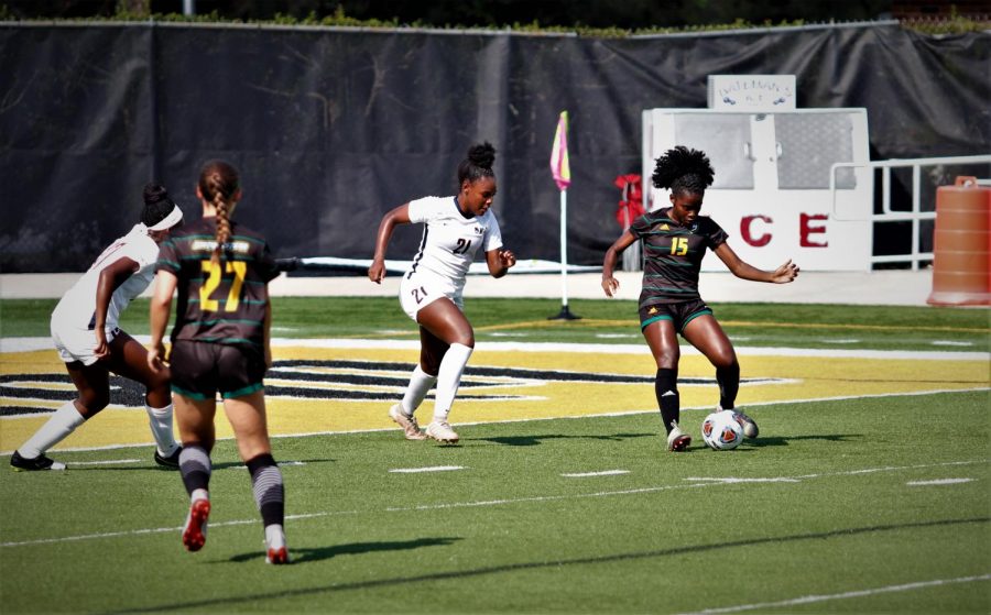 Ellie Williams, a freshman forward, dribbles the ball away from a Jackson State defender. Scoring two of the four teams points that match, both in the first half, Williams was named Player of the Game.