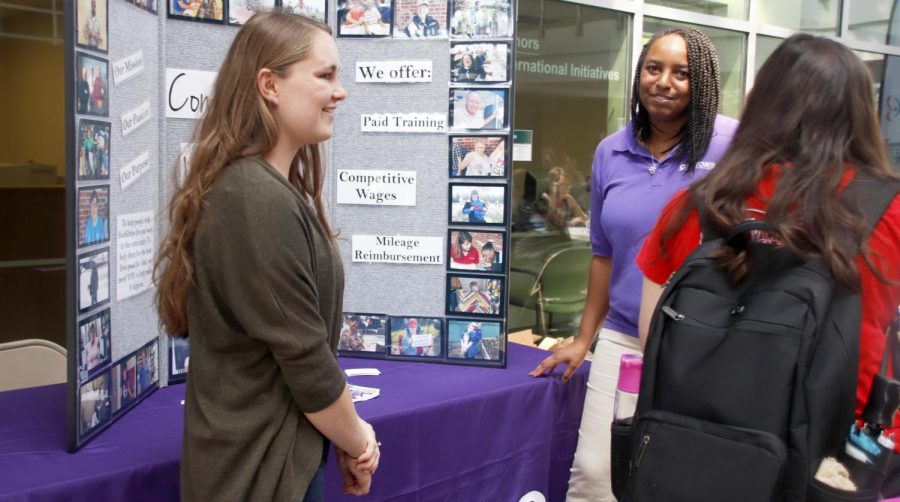 Students browse dislays that local businesses set up for the “Part-Time Job Fair” last August. This semester, the event is scheduled for Thursday, Aug. 29 from 9:30 a.m. to 2:30 p.m. in the Student Union Breezeway. 