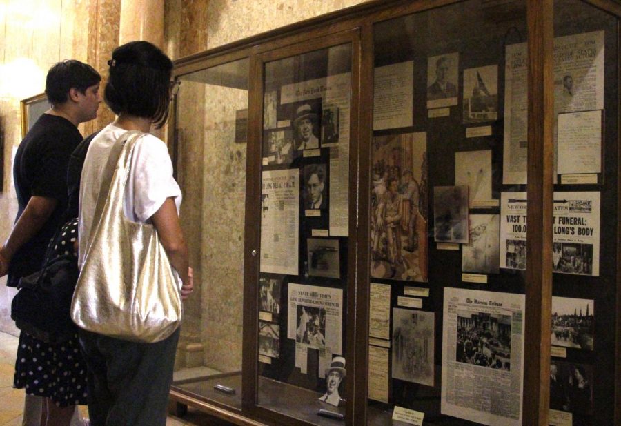 Visitors to the State Capital can view newspaper clippings documenting the assassination of former governor and US Senator Huey Long. Long was killed in the capital building on September 8, 1935 by Dr. Carl Weiss.