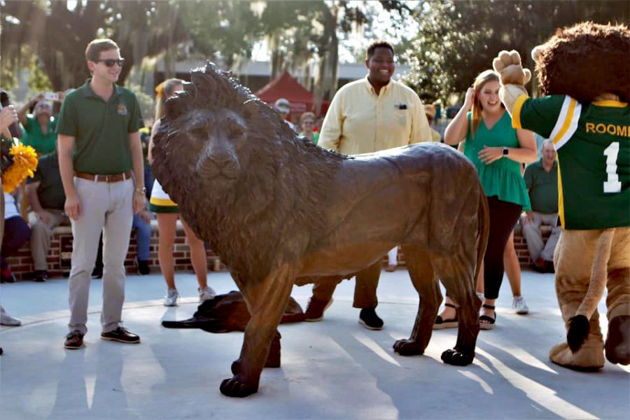 The new lion statue funded by the Student Government Association located in Friendship Circle.