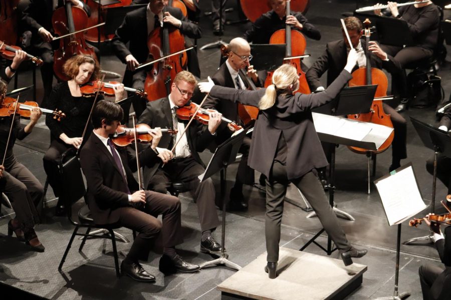 Gemma New, conductor of the performance, conducts the Louisiana Philharmonic Orchestra during Johannes Brahms Symphony No. 2. This was the third and final piece played during Romantic German Masters.