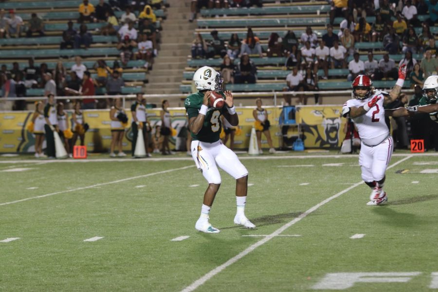 Senior quarterback Chason Virgil drops back to throw a pass against Jacksonville State University. The Lions defeated Jacksonville State 35-14 on Aug. 29, 2019. 