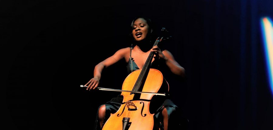 Janine+Hatcher%2C+Miss+Southeastern+Louisiana+University+2020%2C+performs+a+song+on+cello+and+sings+during+the+talent+portion+of+the+pageant.+One+of+the+things+that+helped+Hatcher+through+the+pageant+was+focusing+on+her+own+performance+and+not+comparing+herself+to+others+in+the+competition.