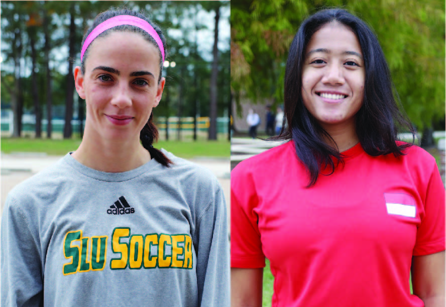 Tilly Hallas-Potts, a junior soccer player from the United Kingdom and Putri Insani, a sophomore tennis player from Indonesia. 
Maggie Tregre/The Lion’s Roar
