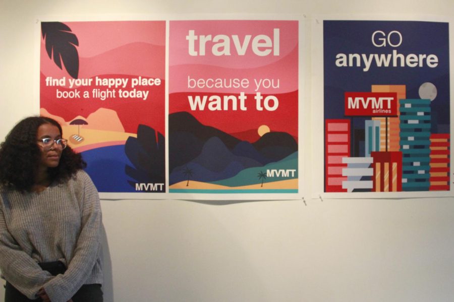 Senior art major Ariana Ford displays a preview of her graphic design artwork that will be shown in the Senior Art Exhibition. The piece is titled ‘MVMT Airlines,’ in which Ford envisions an airline for students like herself that cannot afford to travel often. Brynn Lundy/The Lion’s Roar