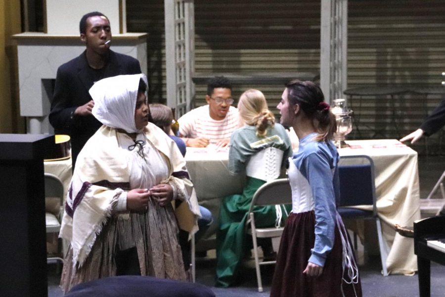 Dejuan James and Payton Core rehearsing at the Vonnie Borden on Nov. 8.  “I’ve liked growing as an actor. This has been the most challenging role ever in my life,” shared Core. Jacob Lofton/The Lion’s Roar