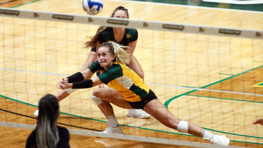 Junior outside hitter Caroline Golden goes for a dig. The Lady Lions improved with 12 more wins in the 2019 season than the 2018 season. The Lady Lions will start their inaugural beach volleyball season in the 2020 spring semester.  