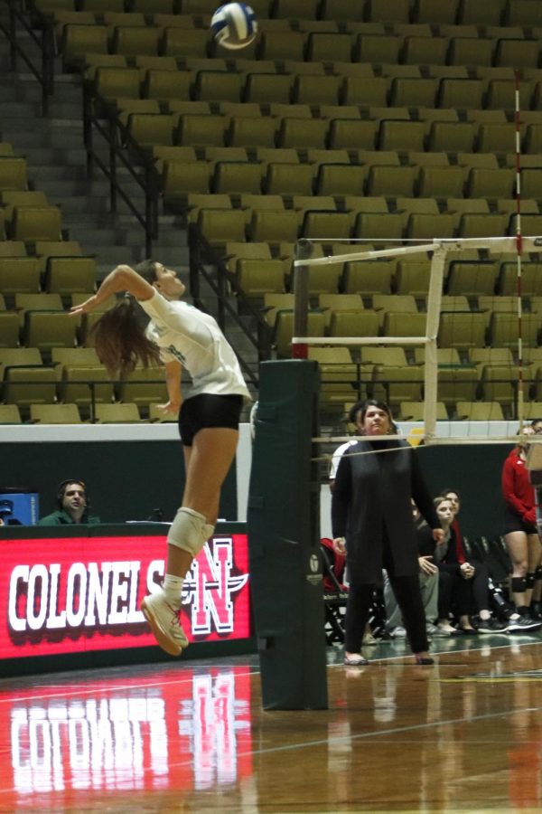 Freshman defensive specialist Lizzy Low defends against Nicholls State University. The Lady Lions won 14 games in the 2019 season improving their win total by 12 since hiring head coach Jeremy White. 