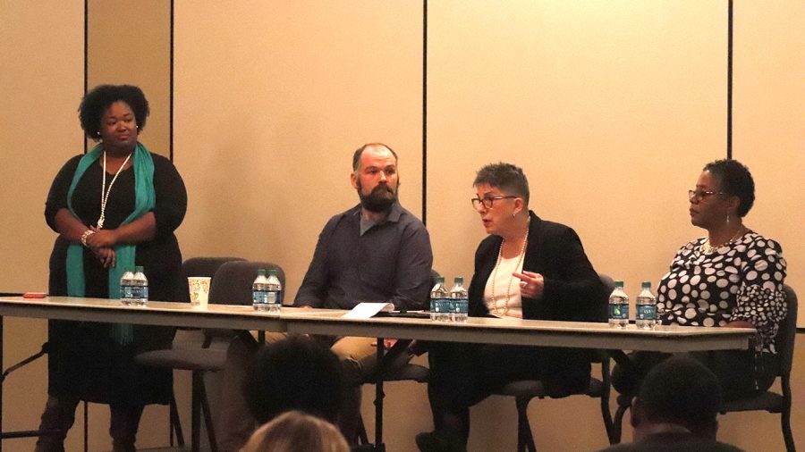 Rebecca Hensley, instructor of sociology, speaks to the crowd during the forum after the performance “Walk On: The Story of Rosa Parks.” The panel also included Dr. Antoinette Harrell - a genealogist, author, historian and producer - and Christopher Westhoff, manager at Mad River Theater Works.