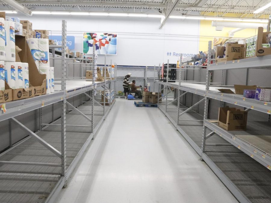 The+picture+shows+empty+shelves+at+Walmart+store+on+2799+W+Thomas+St%2C+Hammond.+Shoppers+have+been+buying+extra+supplies+since+the+outbreak+of+coronavirus.