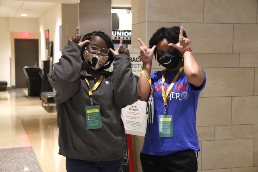 When students arrive on campus and check in at the Student Union for a Destination Southeastern event, they receive name cards and other university memorabilia. Two potential Lions display their new university merchandise and “Lion Up.”