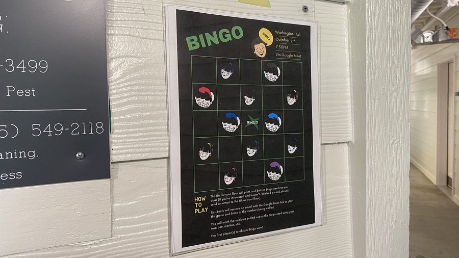 Resident Assistants are still required to hold virtual programs for their student residents for the Fall 2020 semester. The RAs in Washington Hall put up a flyer in the lobby to advertise a Bingo game for the evening of Oct. 5. Brynn Lundy/The Lion’s Roar