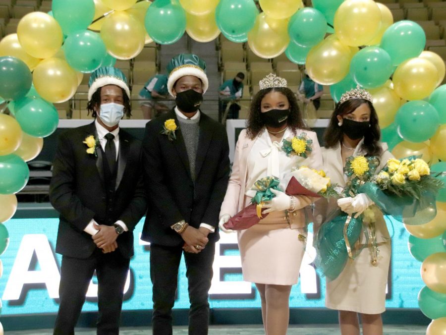 2020 Homecoming King and Queen Darnell Butler Jr. and Destiny Richardson, center, pose with 2019 Homecoming royalty Keenan Austin and Aesha Magee. The royalty announcement took place in the University Center on Oct. 24.