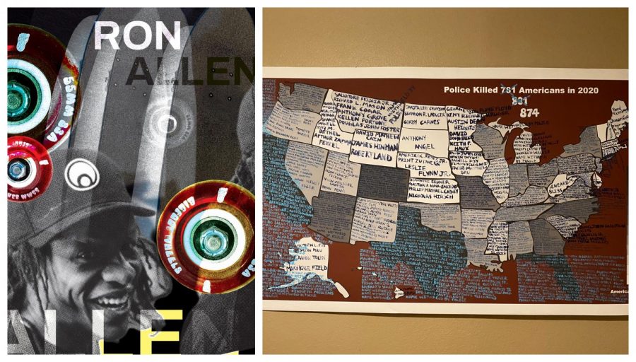 Left, senior art major Dejiona Jackson’s work features African American skateboarders such as Ron Allen and Ray Barbee. Jackson. Right, senior art major Aubree Barber spent “hundreds of hours” on a map displaying police brutality deaths. With a focus in graphic design, she is one artist in the senior exhibit that will feature artwork centered around issues she is passionate about. 