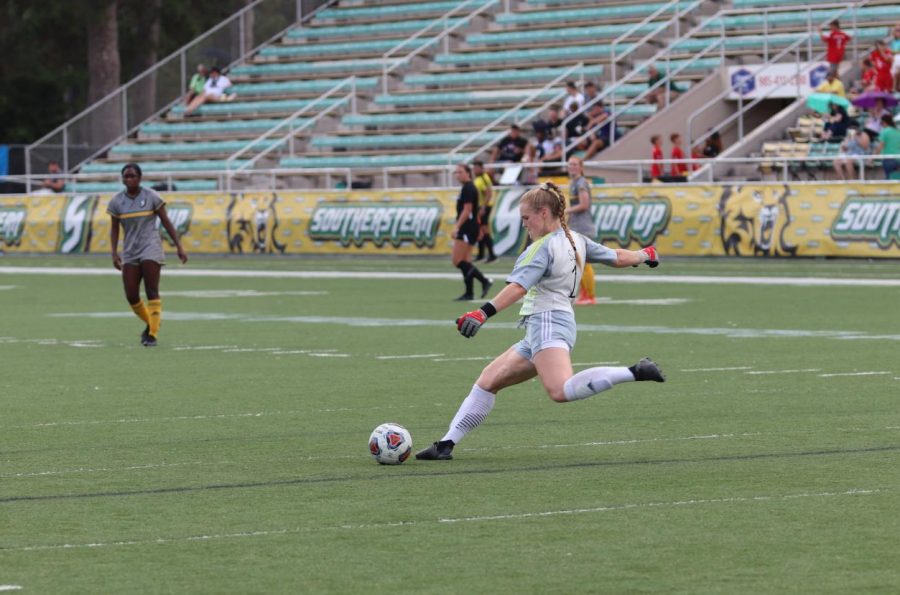 Goal Keeper Nadine Maher passes the ball back in play in the Lady Lions 2-1 March 7 victory over Stephen F. Austin University. The Lady Lions will take on Rutgers University in the first round of the NCAA DI Women’s Soccer Tournament on Tuesday April 27.   