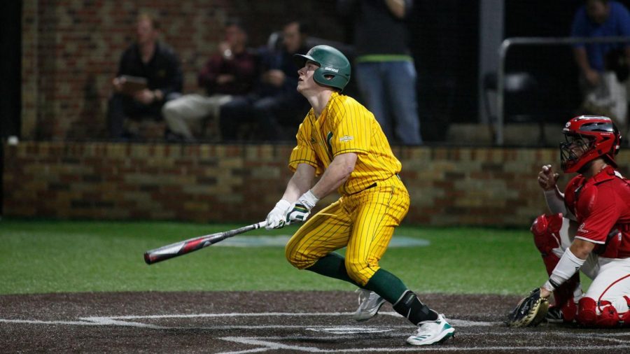 Freshman infielder Jacob Burke stands at the plate during game three of the season opener on Feb. 21 against Mississippi Valley State. During the opening tournament, the team tied a program record for most runs scored in a single game and broke a record for most runs scored in back-to-back games.