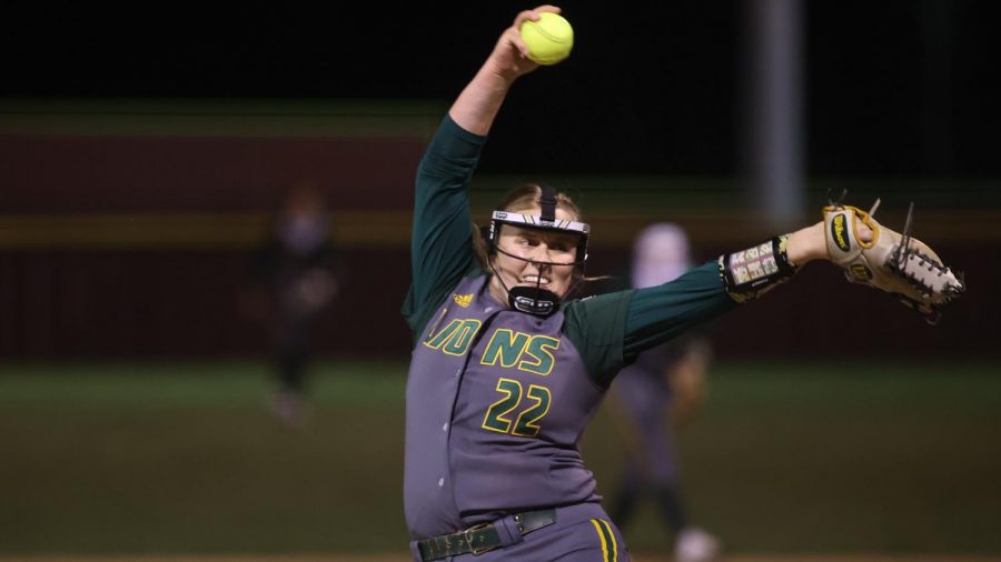 Senior pitcher Heather Zumo winds up for a pitch during the Lion Classic opening series. She pitched the seventh no-hitter in Southeastern history against South Dakota in the first game of the season.