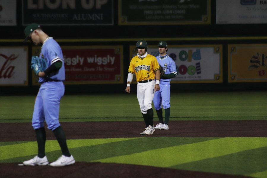 Eli Johnson, senior third baseman, leads off second base in the Lions victory over Tulane University on March 3. The Lions will face LSU with a 11-4 record, the best start the Lions have had in over seven seasons. Southeastern will take on LSU on March 16 at Alex Box Stadium at Skip Bertman Field.  