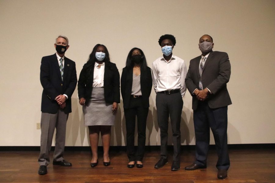 From left to right, University President John L. Crain, Kelsey Staes, L’Oreal Williams, KeRon Jackson, and Dr. Eric Summers. 