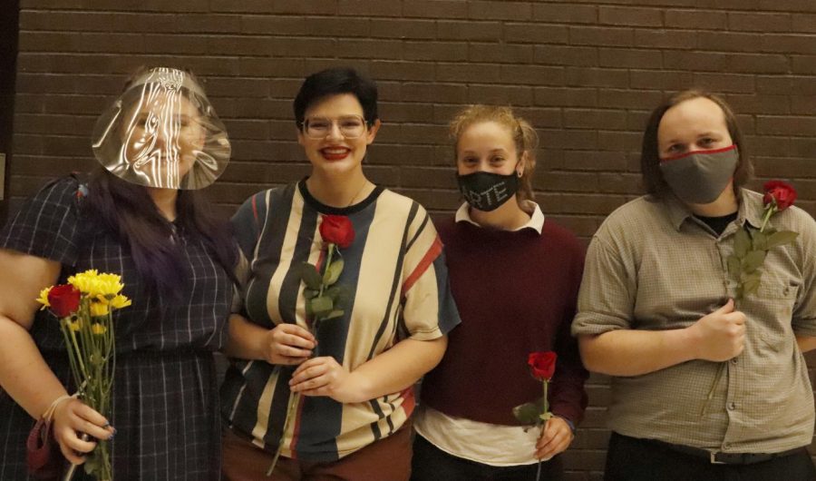 The cast from senior biology major and theater minor Carla Cortina’s scene, ‘The Children’s Hour’ hold their flowers with satisfaction. Southeastern students in Chad Winters’ directing class each directed their own scenes and hosted a showcase together.