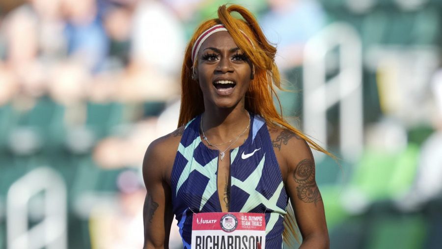 In this June 19, 2021 photo, ShaCarri Richardson celebrates after winning the first heat of the semi finals in womens 100-meter run at the U.S. Olympic Track and Field Trials in Eugene, Ore.    Richardson cannot run in the Olympic 100-meter race after testing positive for a chemical found in marijuana.  Richardson, who won the 100 at Olympic trials in 10.86 seconds on June 19, told of her ban Friday, July 2 on the “Today Show.”(AP Photo/Ashley Landis)