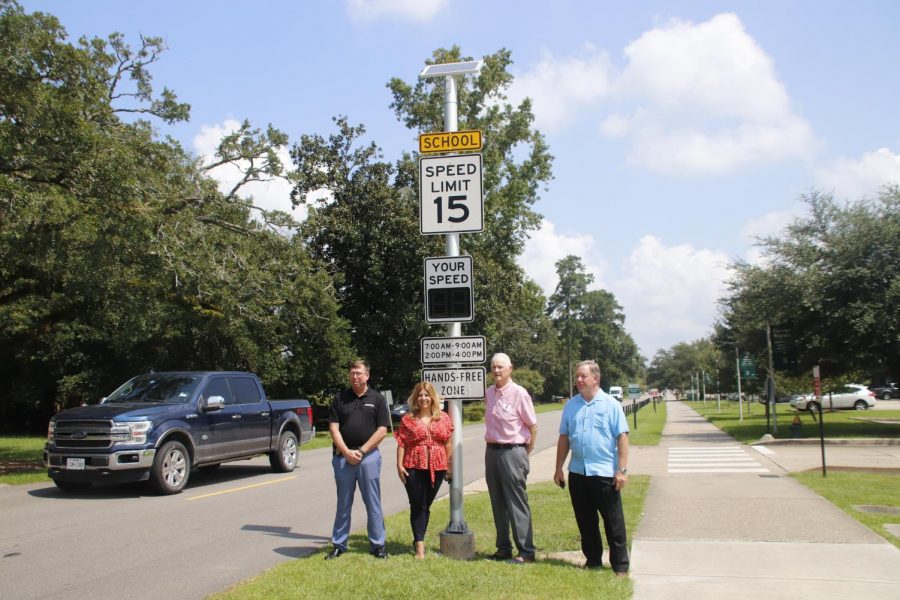 University Police Chief Michael Beckner is pictured with State Farm local agents Alexis Ducorbier, Stan Johnson, and Doug Johnson who awarded Southeastern Louisiana University Police Department a $6,000 grant to purchase three radar speed signs. These radar speed signs have been installed on campus on North General Pershing St. in front of the Southeastern Lab School, on Ned McGehee Dr., and on N. General Pershing Street Ext. This equipment will be used to increase safety on campus and slow down speeders.
