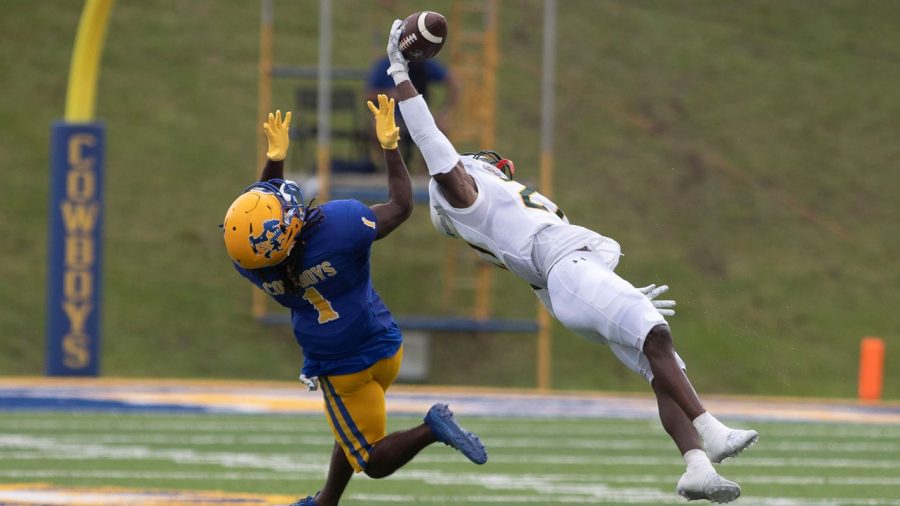 Sophomore defensive back Justin Douglas catches a pass during the Oct. 2 game against the McNeese State University Cowboys in Lake Charles. The Lions finished the game with 38-35 victory. 