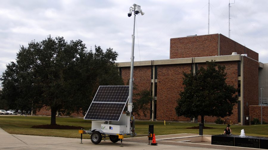 A new solar mobile camera device has been placed outside of the Katrina Memorial Fountain amidst increased concerns regarding Christian preachers on campus.   