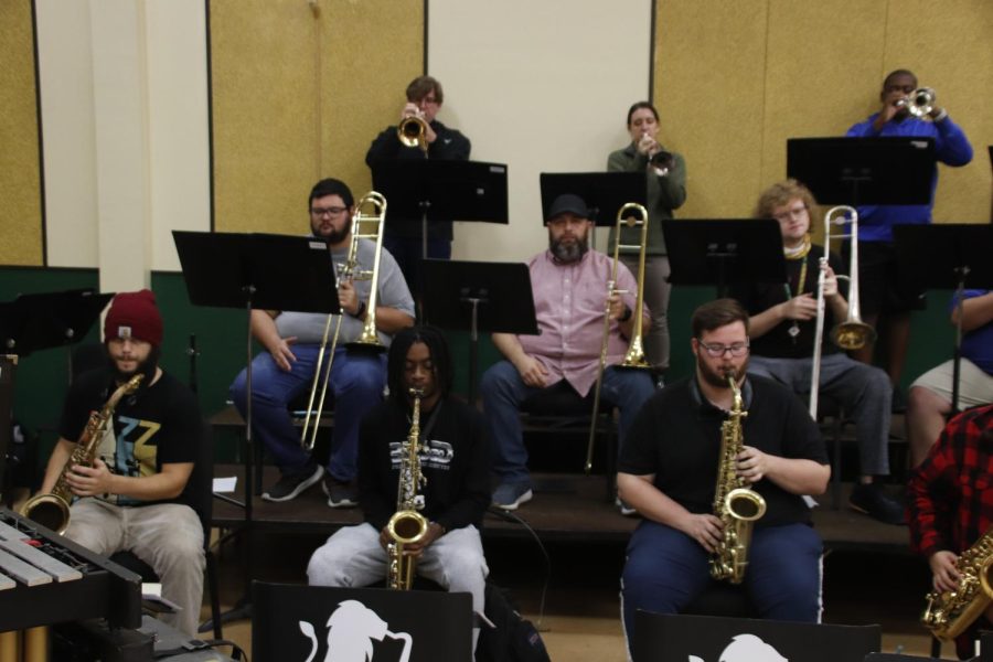 Students in the University Jazz Ensemble rehearse for their first on-campus performance following Hurricane Ida, scheduled for Nov. 4. 