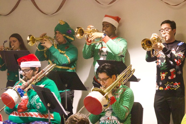 Students+in+the+University+Jazz+Ensemble+dressed+to+impress+for+their+performance+of+their+Christmas+concert%2C+A+Big+Band+Christmas%2C+on+Dec.+8+in+the+Pottle+Annex+Recital+Hall.