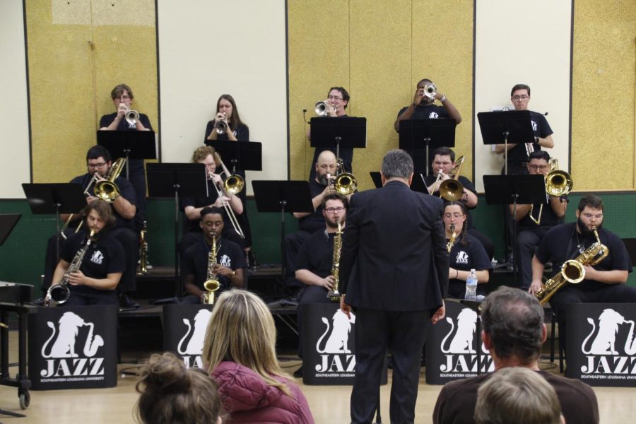 Director of Jazz and Percussion Studies Michael Brothers directs the University Jazz Ensemble at the Nov. 4, 2021 concert in the Pottle Music Annex Band Hall. 