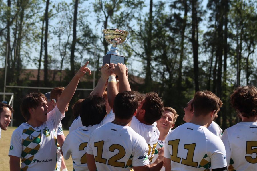 Lion Rugby celebrates with the Magnolia Cup after defeating the Louisiana Tech Bulldogs 31-12. 