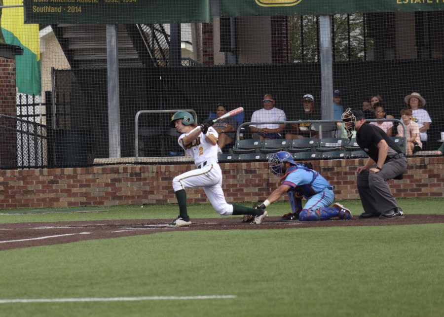 Senior Tyler Finke takes a swing during the Lions weekend sweep of the Houston Baptist Huskies.