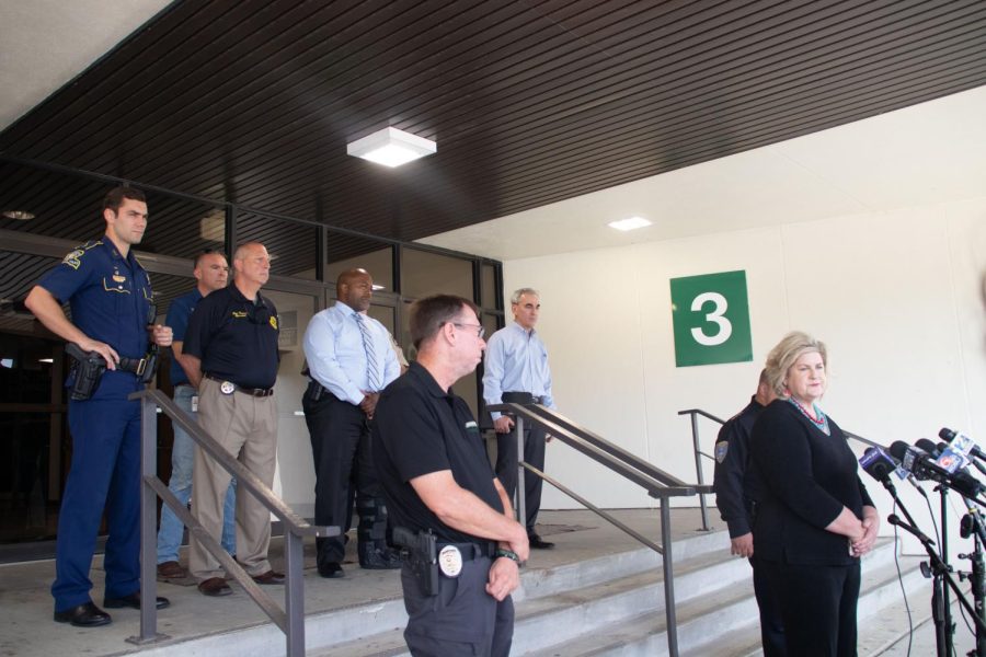 Melissa Stelly, superintendent of the Tangipahoa Parish School System, addresses the media during a press conference held Friday, May 20, at Gate 3 of the University Center to address information regarding a shooting during Hammond High's graduation that was held Thursday night.