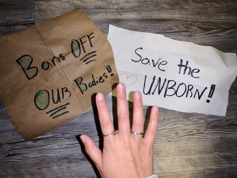 Two common pro-choice and pro-life sayings are displayed on hand-written signs. Conversations surrounding Roe v. Wade have been divisive between pro-life and pro-choice individuals since its beginning in 1973. 