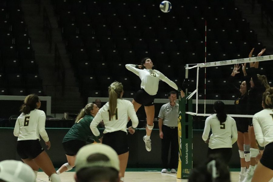 Sophomore+outside+hitter+Cicily+Hidalgo+jumps+up+for+a+spike+attempt+vs.+ULM+on+Friday%2C+Sept.+16+at+the+University+Center.