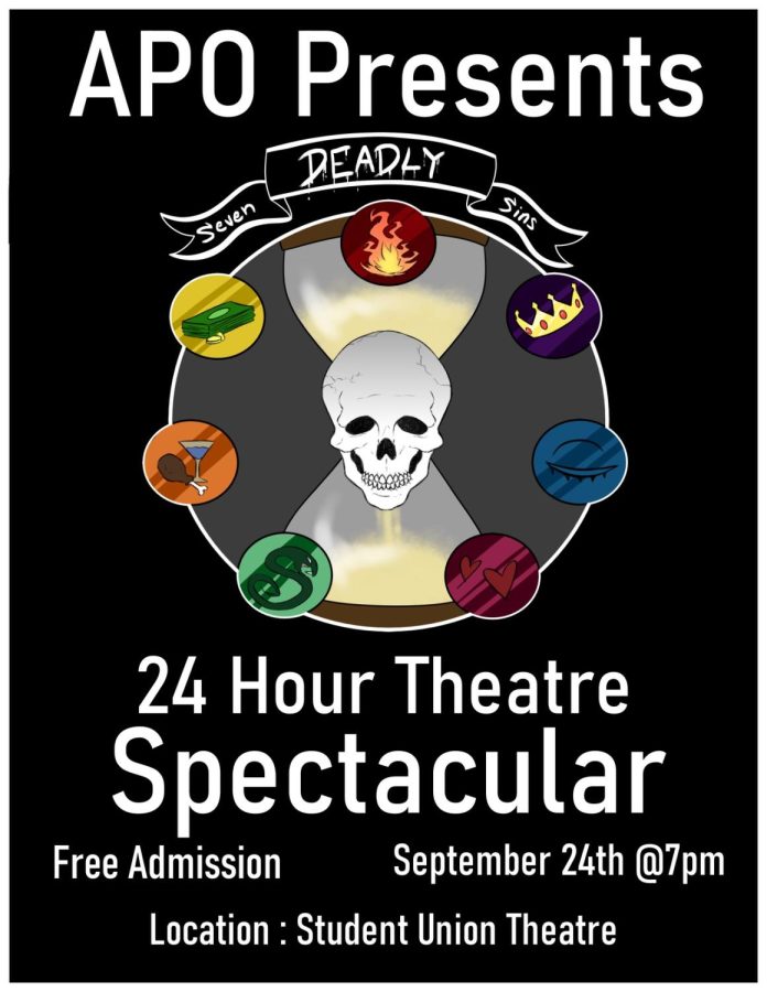 A poster for APOs 24 Hour Theatre Spectacular with the theme of the seven deadly sins.