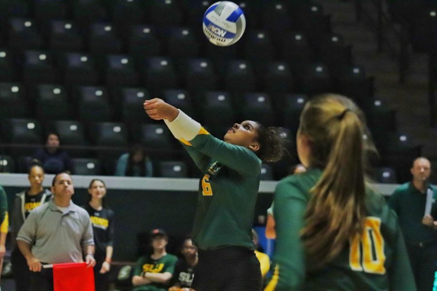 Junior outside hitter Kailin Newsome bumps ball during game action vs. McNeese at the University Center last Tuesday. (Sept. 27)