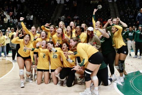 Lady Lions celebrate on the court at the UC after winning the first Southland Conference Title in school history. (Nov. 20, 2022)