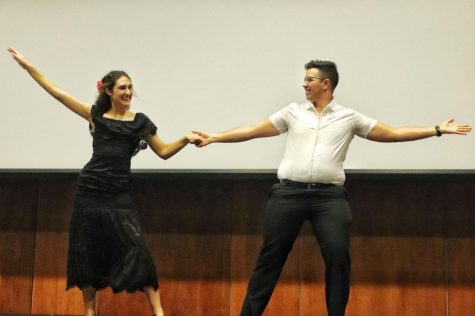 Nicolas Algeciras and Sophia Santana perform a salsa dance to commemorate their Hispanic heritage.