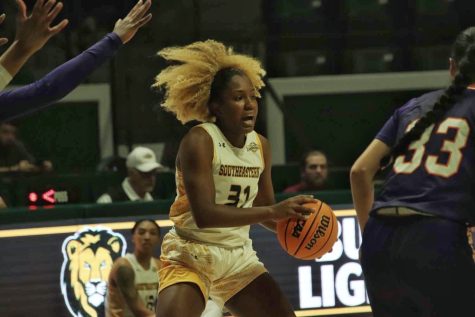 Southeastern guard #31 Alexius Horne possessing the basketball during the Lady Lions big win over Northwestern State earlier in the season at the University Center. (Jan. 19, 2023)