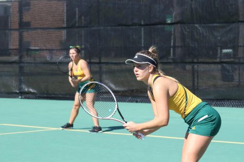 Freshman Nadia Hitzman (left) and sophomore Bogi Csordas (right) play Doubles match in the opening game of the Spring season against LSUA. (Jan. 27, 2023)