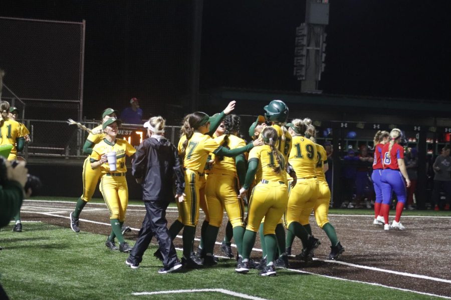 Lady Lions celebrate their walk-off win over LA Tech on Wednesday night at North Oak Park. (Feb. 15, 2023)