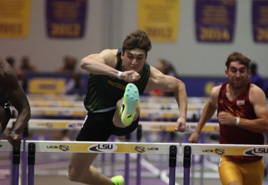 Sophomore Cole Palmer setting a new personal best and placing sixth in the 60 meter hurdles at the LSU Purple Tiger Invitational. (Jan. 13, 2023)