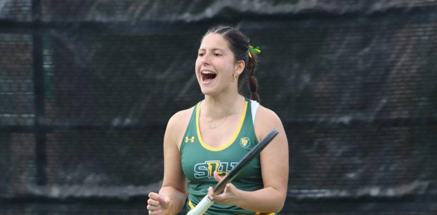 Carla+Del+Barrios+showing+excitement+after+scoring+a+point+in+her+singles+match+vs.+Dillard+at+Southeastern+Tennis+Complex+on+Monday+afternoon.+%28Feb.+20%2C+2023%29
