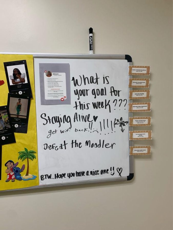 A dorm halls whiteboard where a student has written Defeat the Moodler to bring a sense of humor to the theories students have been making.